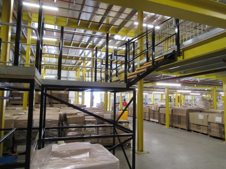 large automated warehouse with multi tier mezzanine