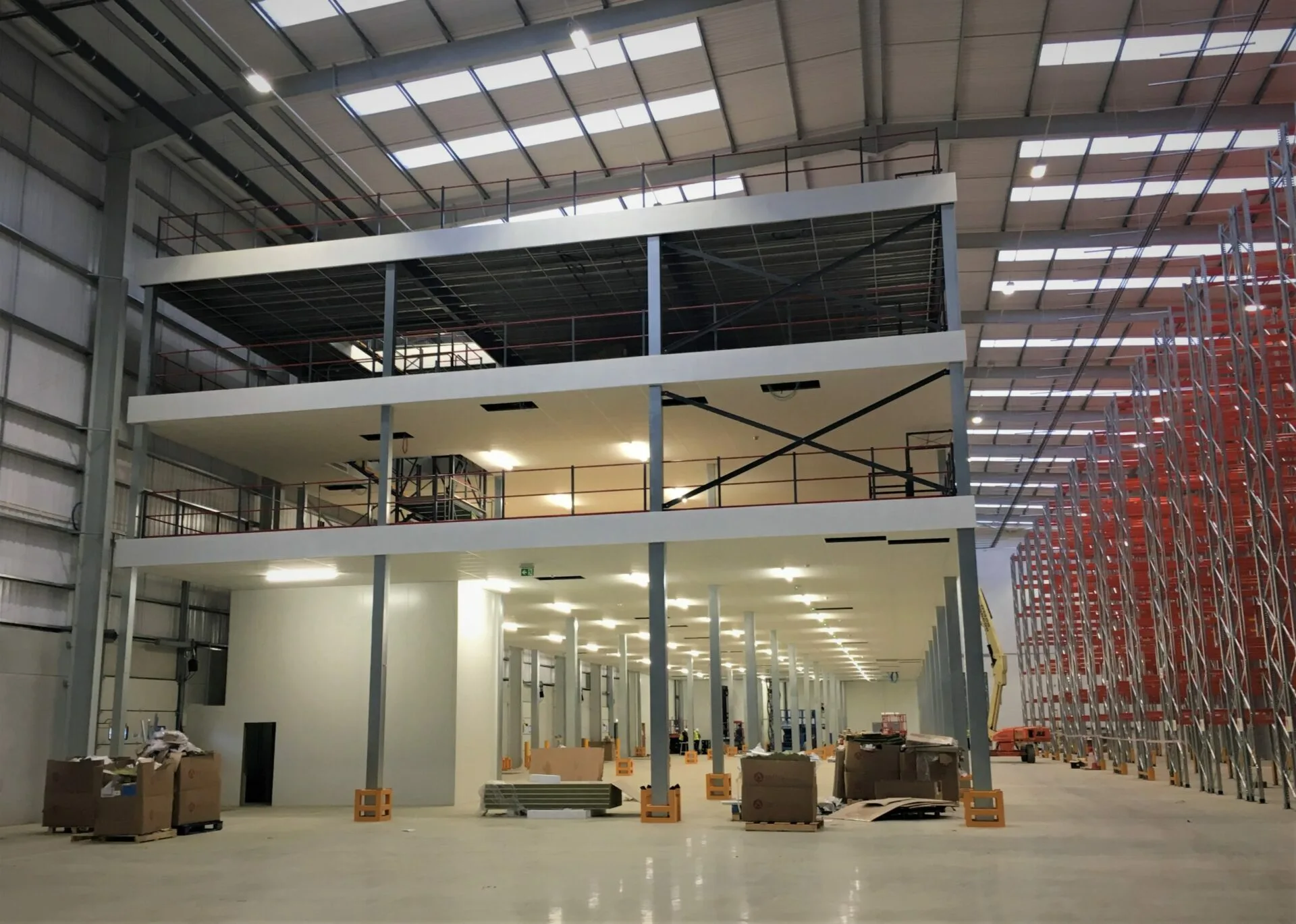 multi tier mezzanine with fire protection in warehouse