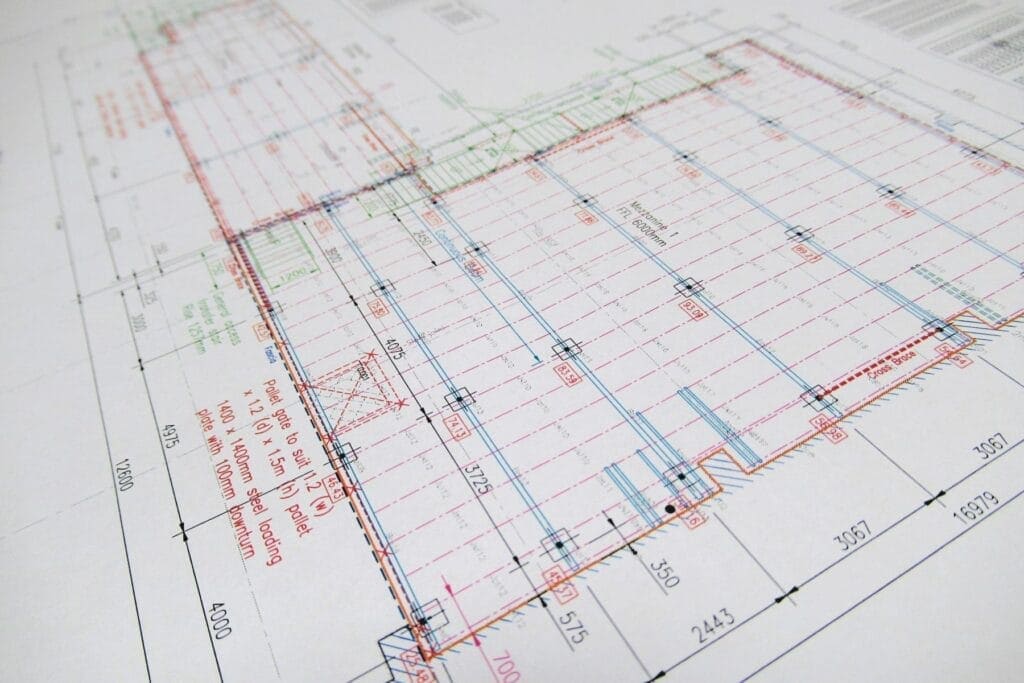 close up of printed autocad drawing
