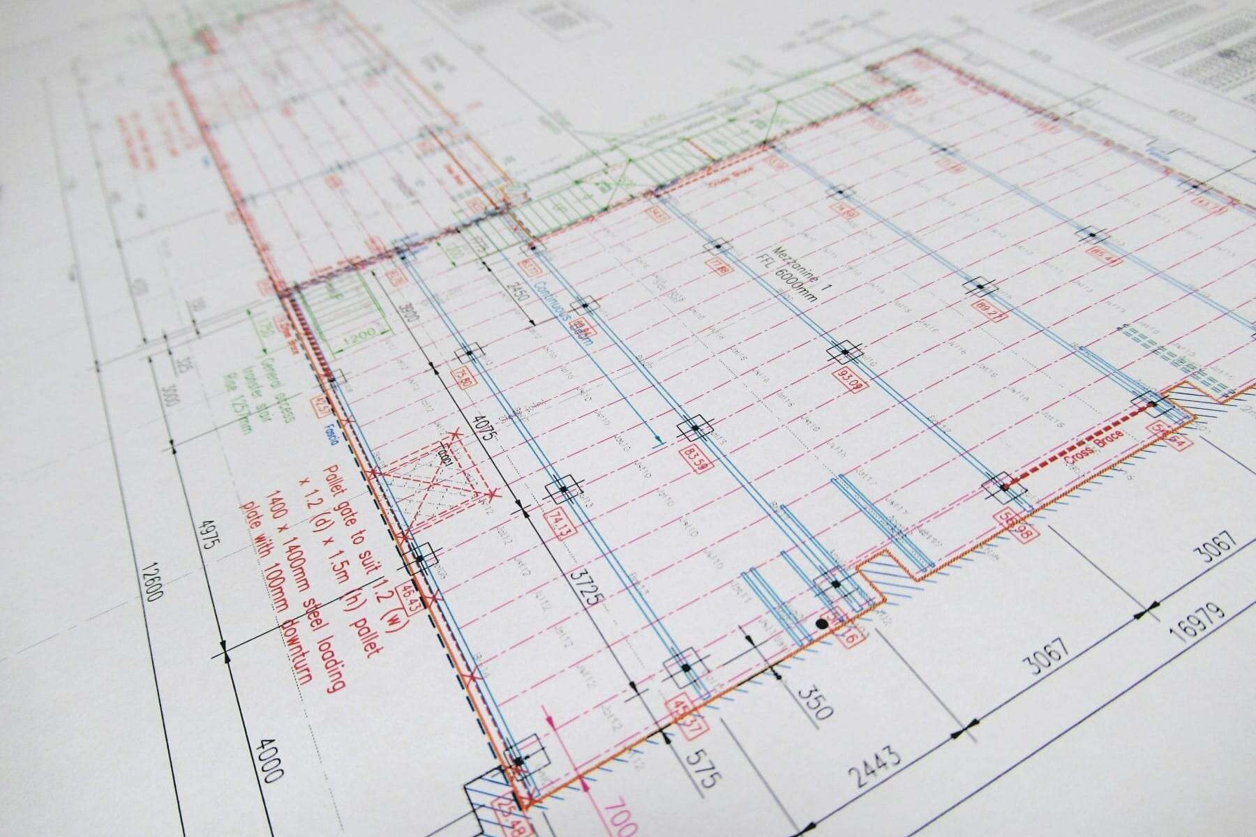 close up of printed autocad drawing