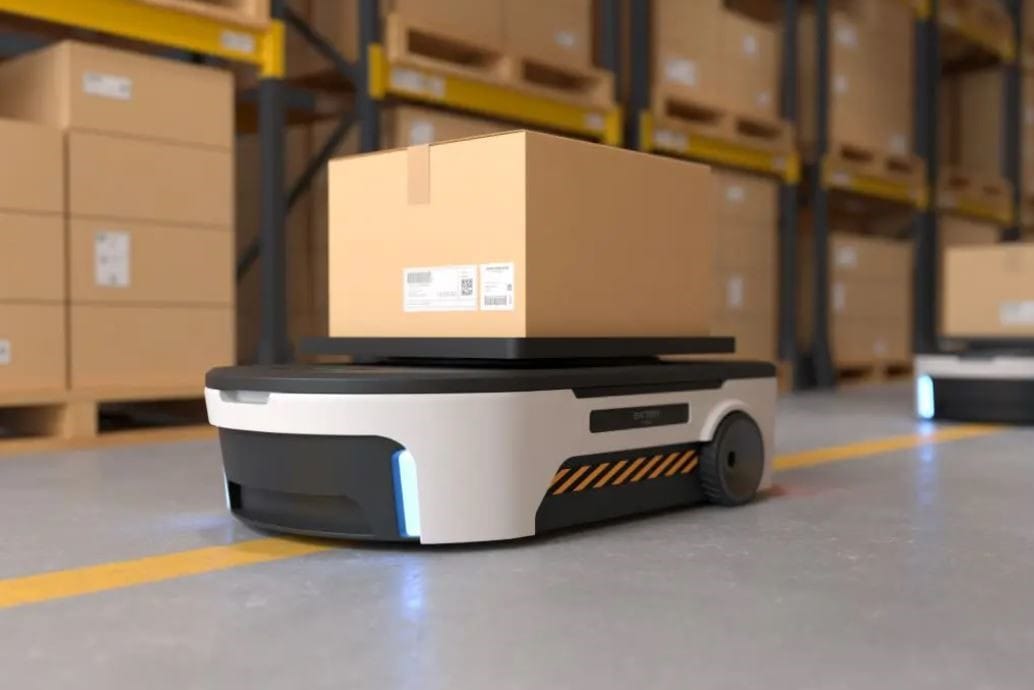AMR robot on floor carrying parcel