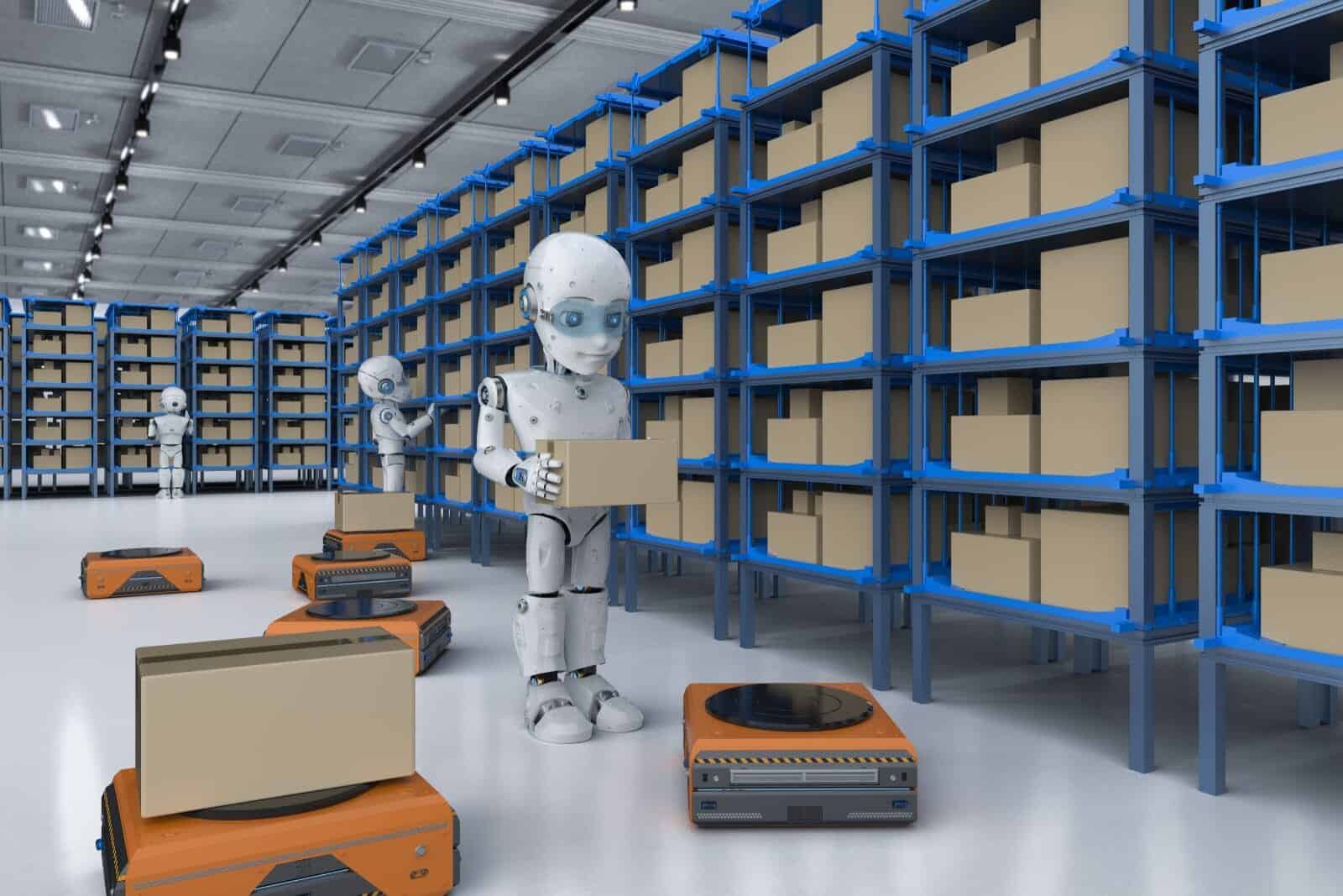 robot with racking containing parcels
