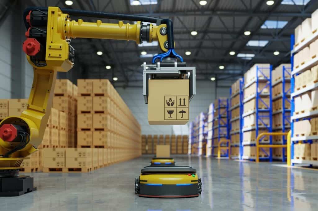 robotic arm putting parcel onto robot