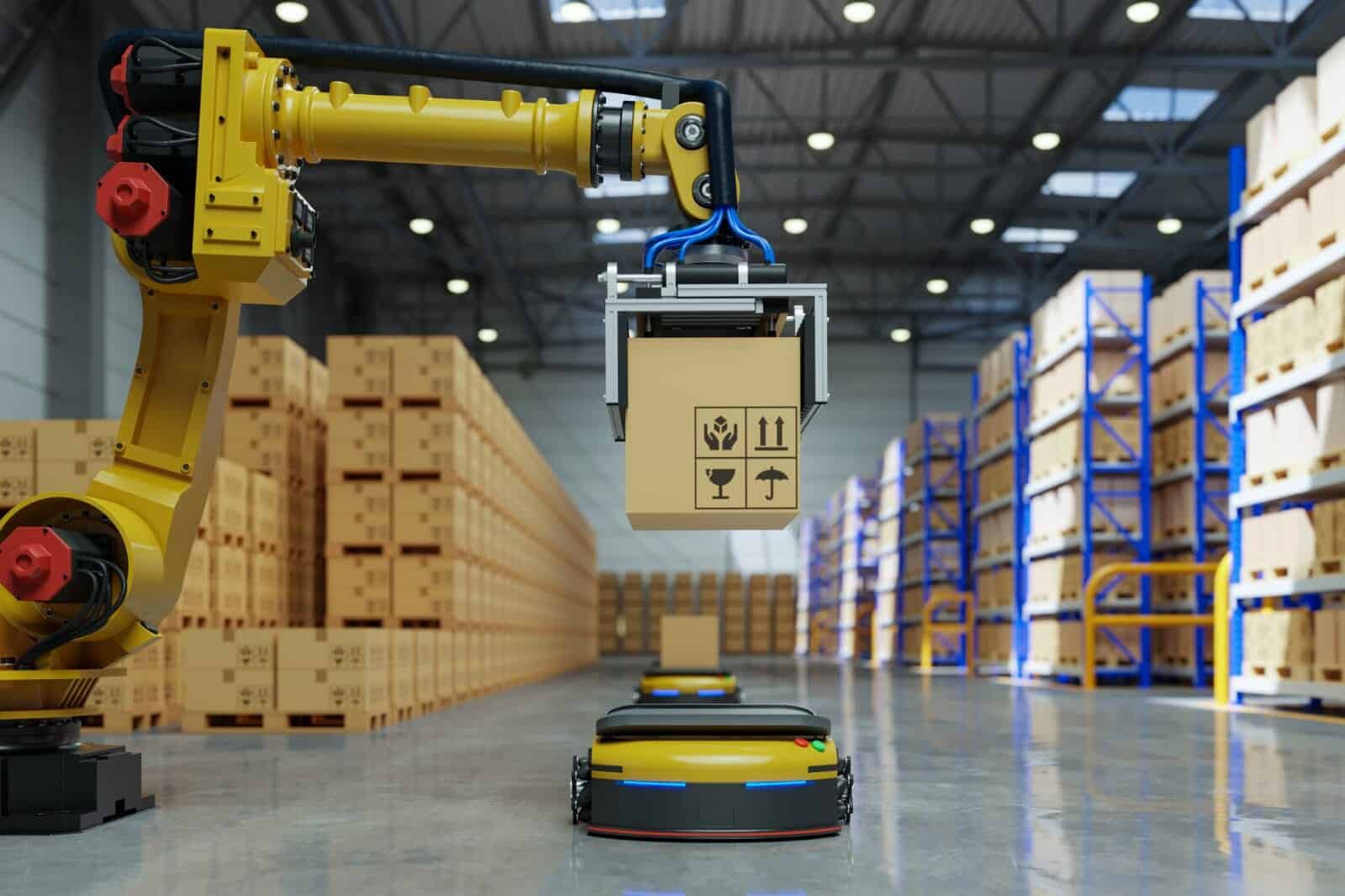 robotic arm putting parcel onto robot
